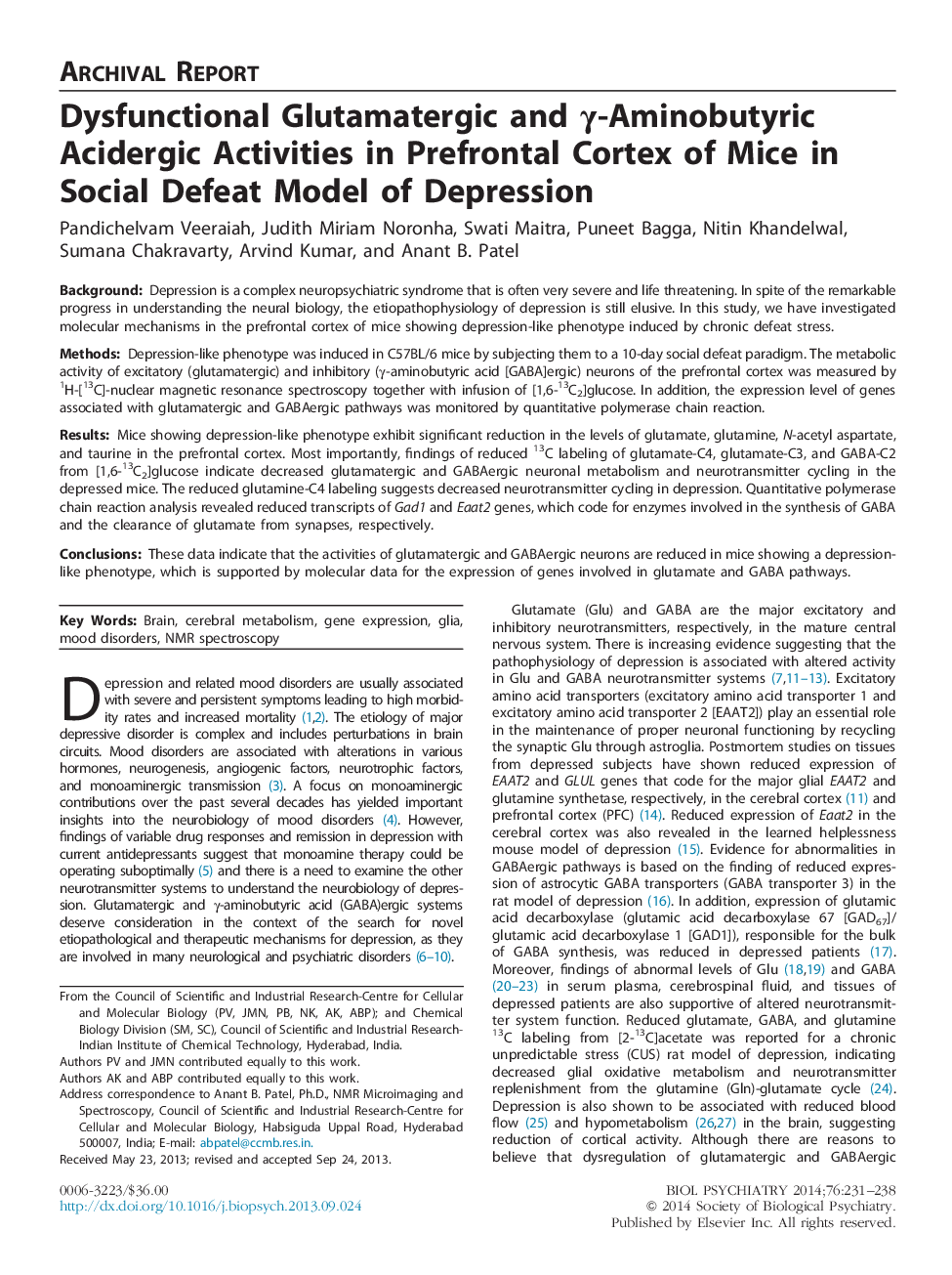 Dysfunctional Glutamatergic and Î³-Aminobutyric Acidergic Activities in Prefrontal Cortex of Mice in Social Defeat Model of Depression