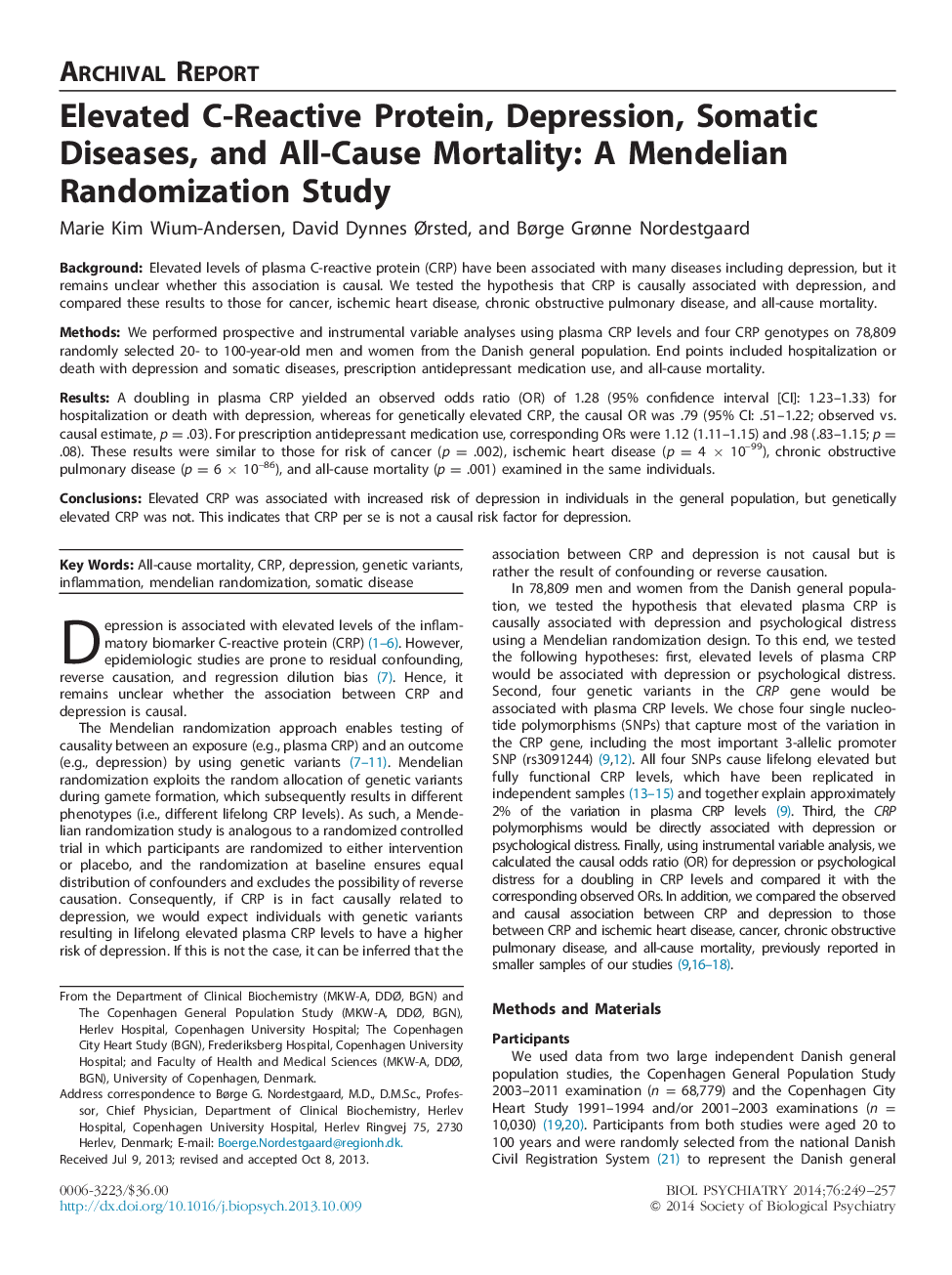 Elevated C-Reactive Protein, Depression, Somatic Diseases, and All-Cause Mortality: A Mendelian Randomization Study