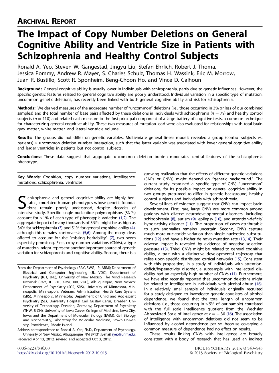 The Impact of Copy Number Deletions on General Cognitive Ability and Ventricle Size in Patients with Schizophrenia and Healthy Control Subjects