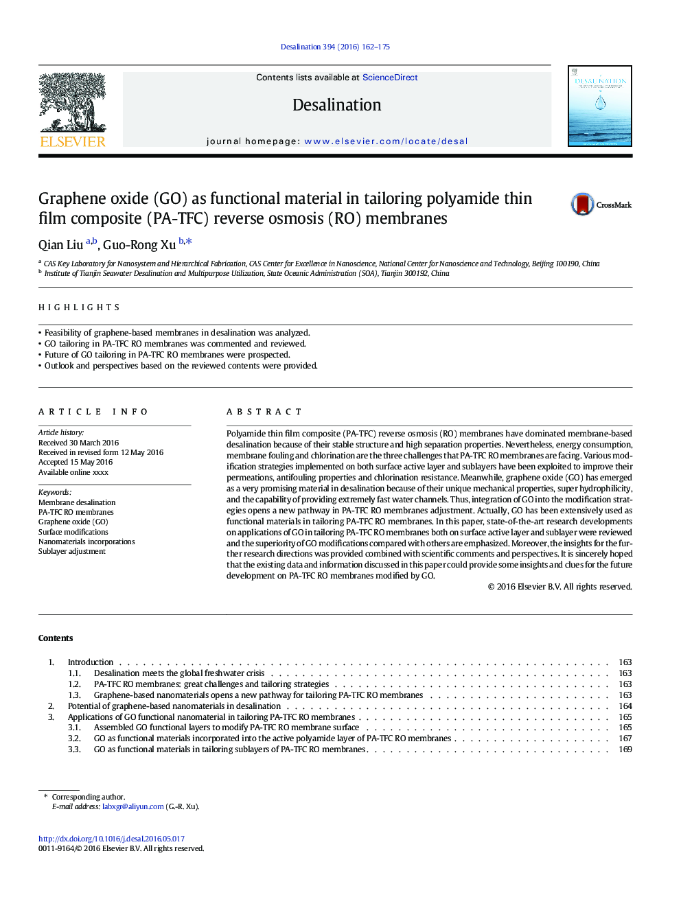 Graphene oxide (GO) as functional material in tailoring polyamide thin film composite (PA-TFC) reverse osmosis (RO) membranes