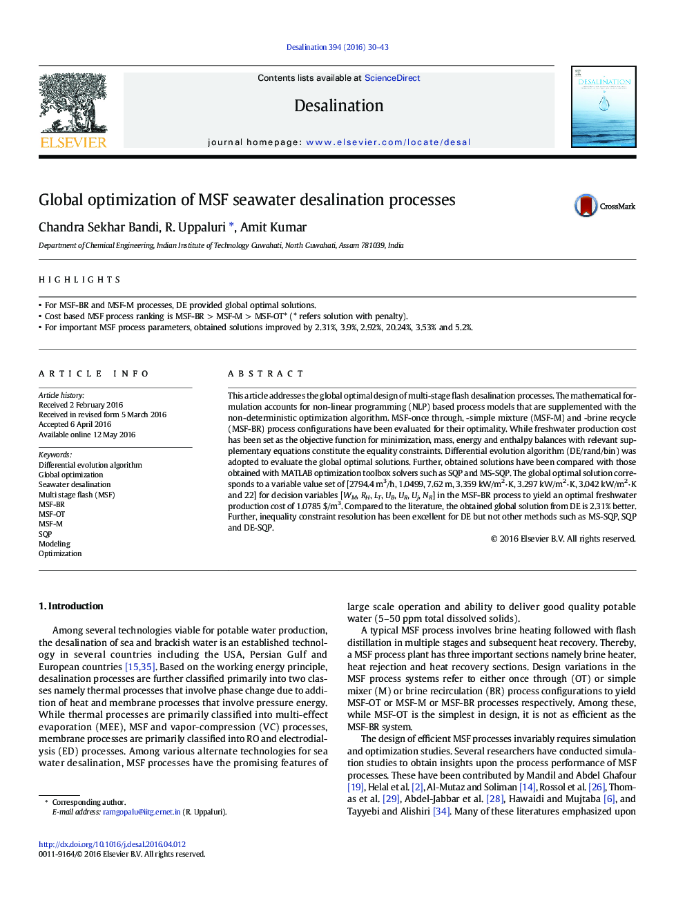 Global optimization of MSF seawater desalination processes