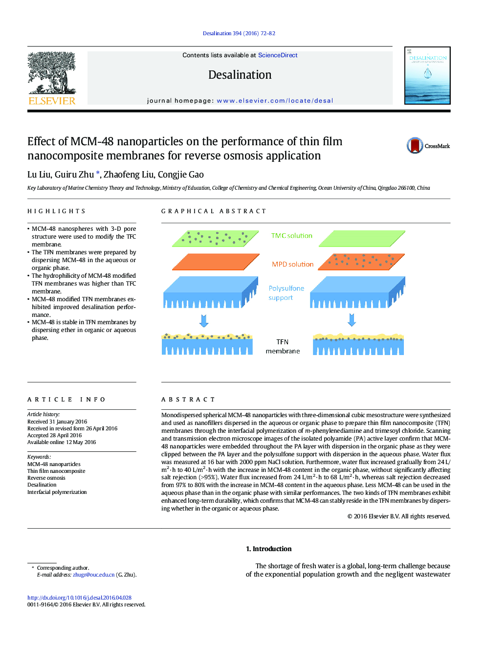 Effect of MCM-48 nanoparticles on the performance of thin film nanocomposite membranes for reverse osmosis application