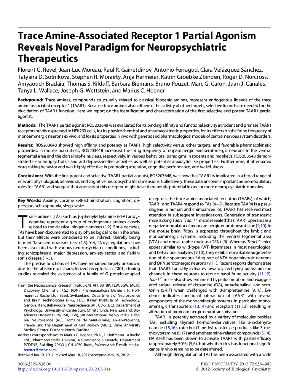 Trace Amine-Associated Receptor 1 Partial Agonism Reveals Novel Paradigm for Neuropsychiatric Therapeutics