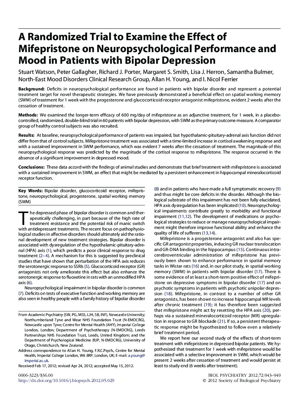 A Randomized Trial to Examine the Effect of Mifepristone on Neuropsychological Performance and Mood in Patients with Bipolar Depression