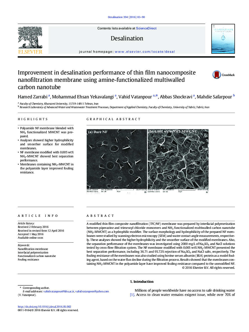 Improvement in desalination performance of thin film nanocomposite nanofiltration membrane using amine-functionalized multiwalled carbon nanotube