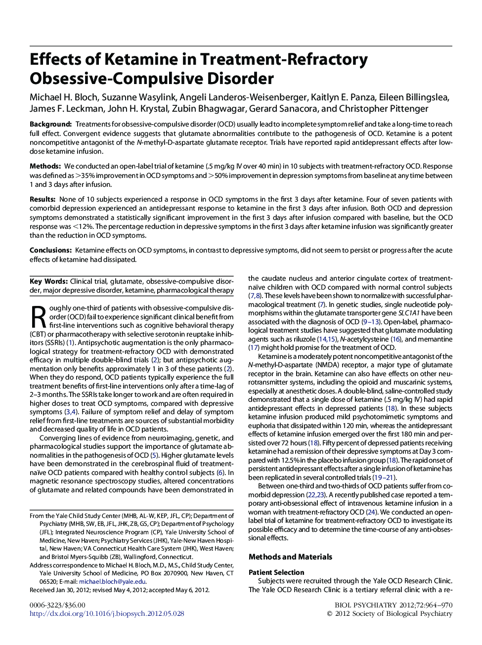 Effects of Ketamine in Treatment-Refractory Obsessive-Compulsive Disorder