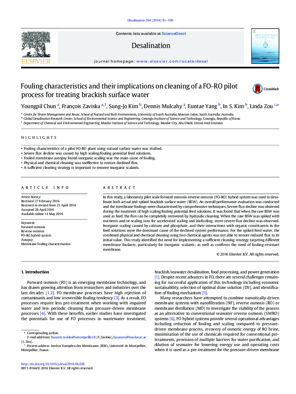 Fouling characteristics and their implications on cleaning of a FO-RO pilot process for treating brackish surface water