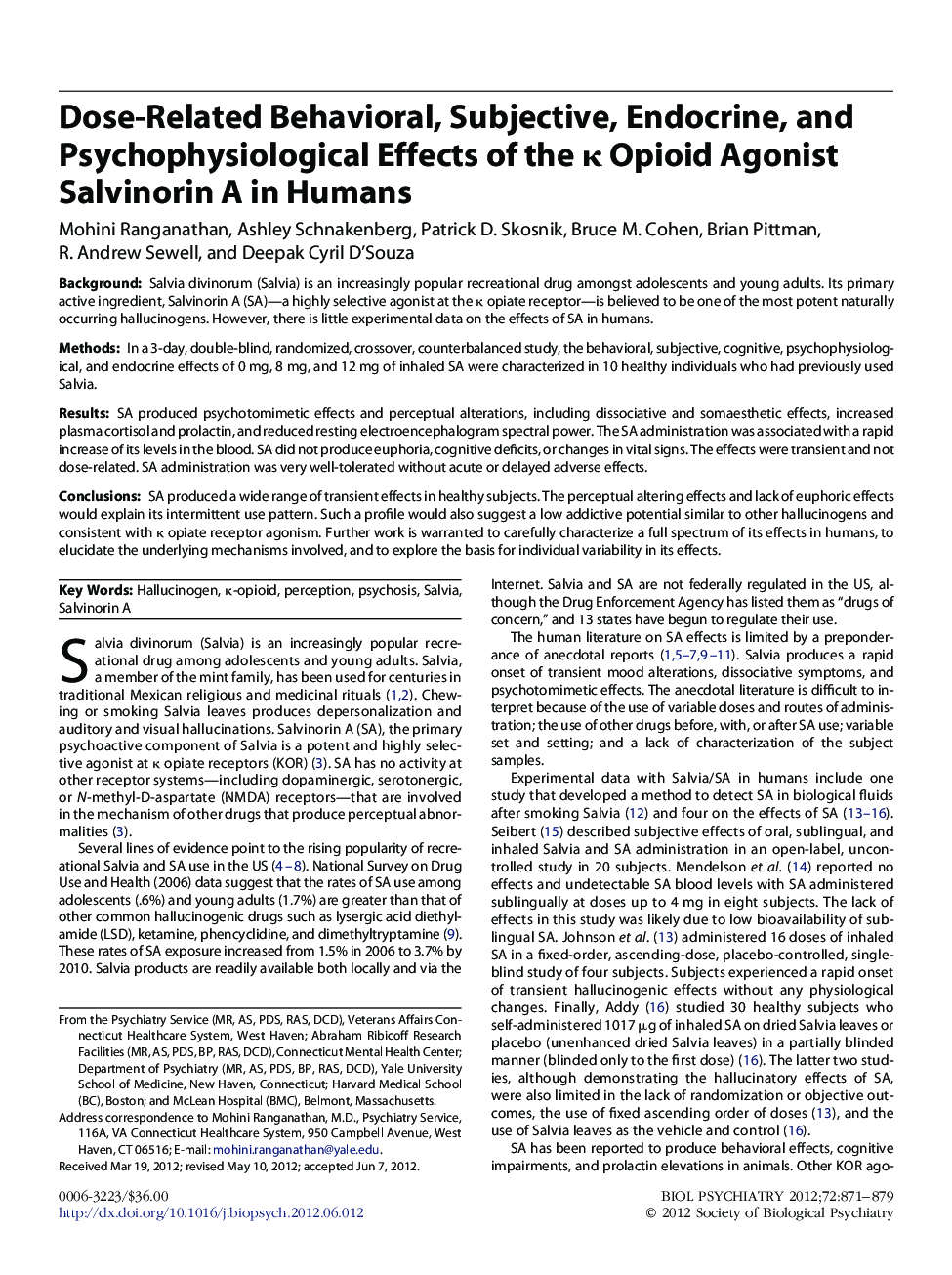 Dose-Related Behavioral, Subjective, Endocrine, and Psychophysiological Effects of the Îº Opioid Agonist Salvinorin A in Humans