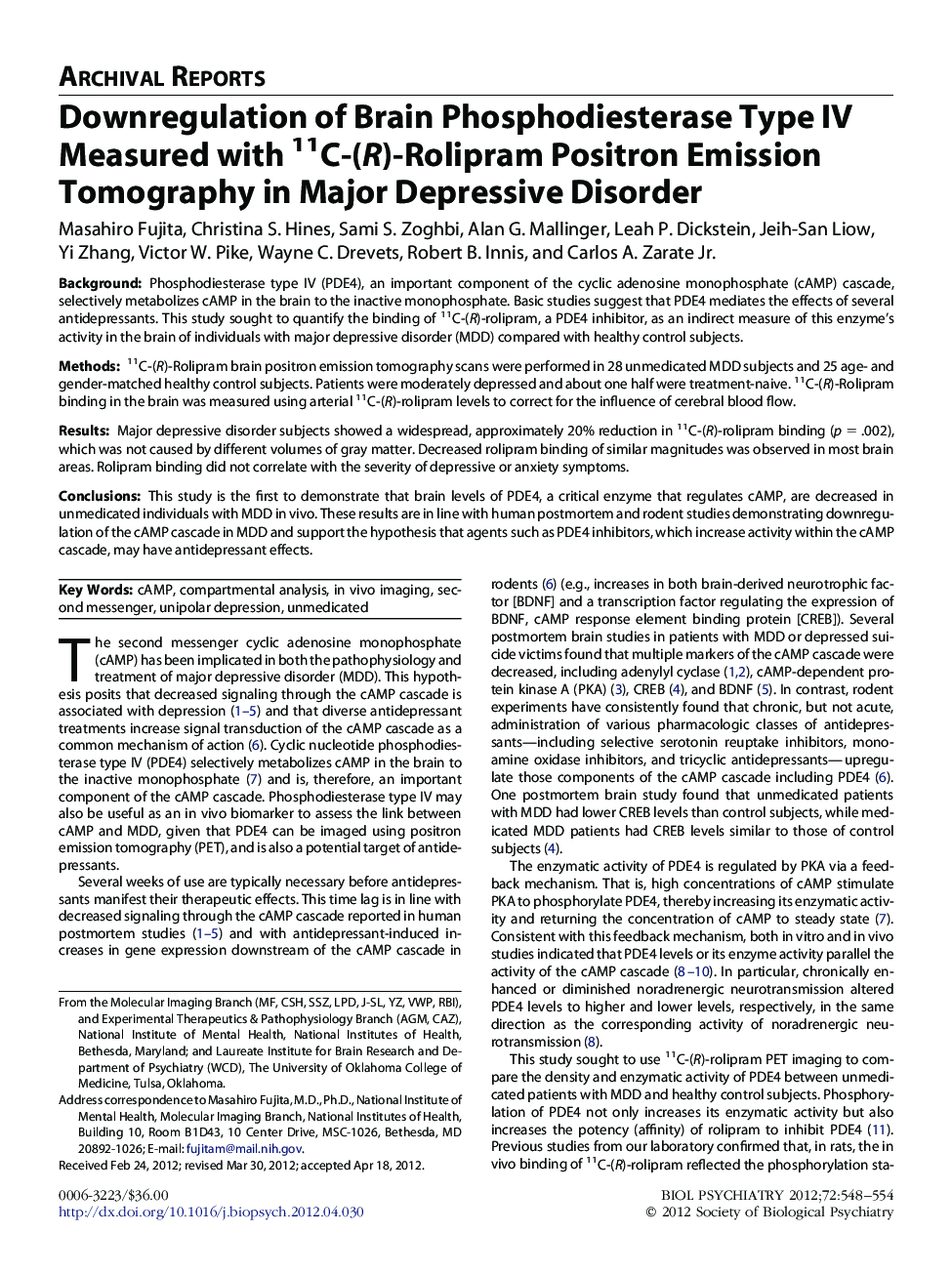 Downregulation of Brain Phosphodiesterase Type IV Measured with 11C-(R)-Rolipram Positron Emission Tomography in Major Depressive Disorder