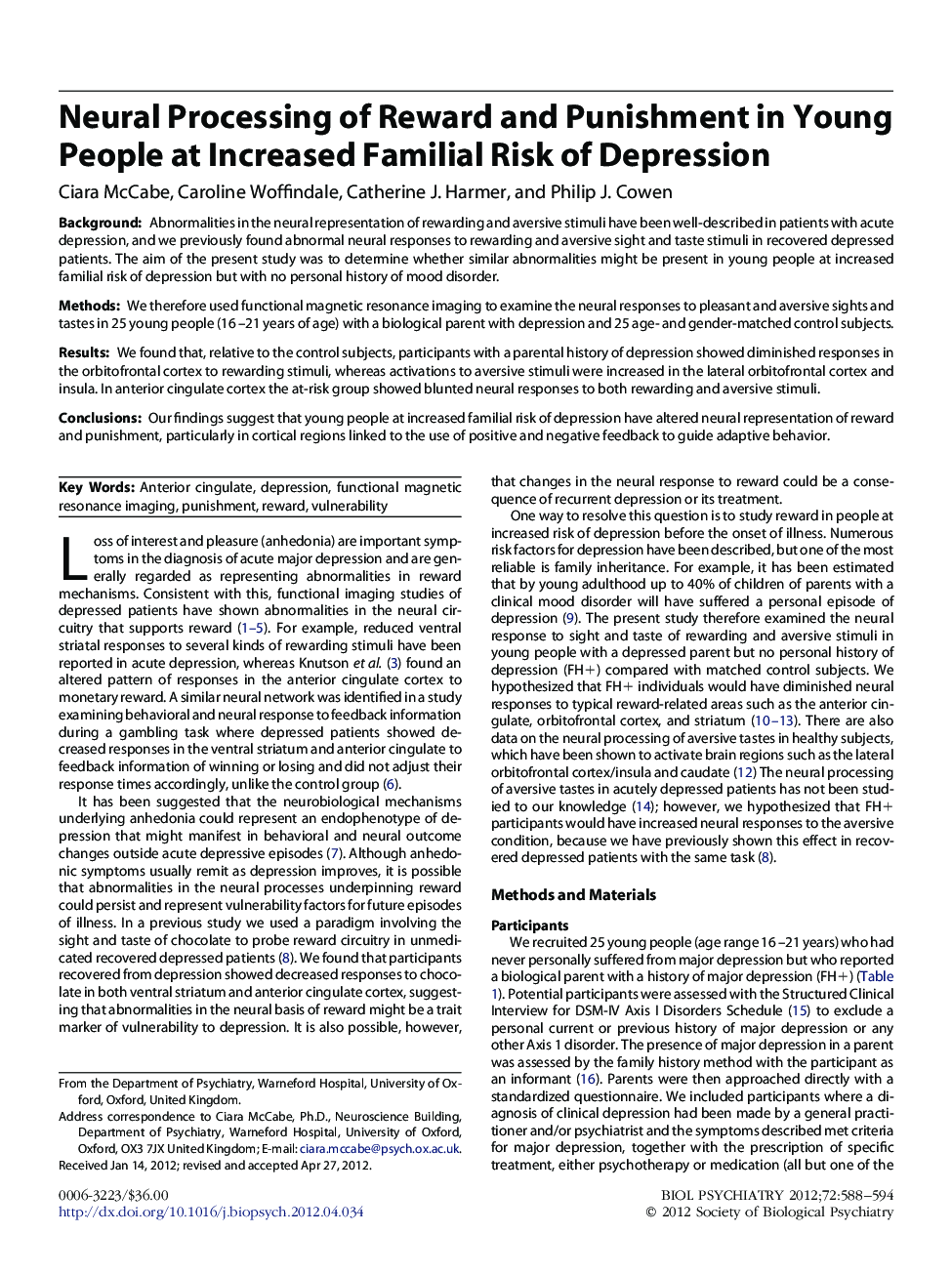 Neural Processing of Reward and Punishment in Young People at Increased Familial Risk of Depression