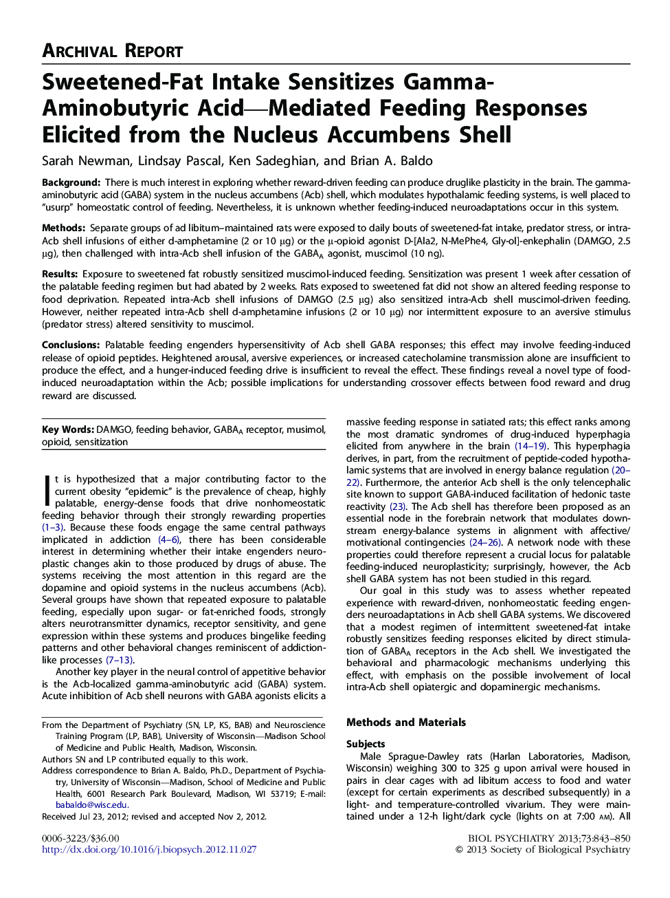 Sweetened-Fat Intake Sensitizes Gamma-Aminobutyric Acid-Mediated Feeding Responses Elicited from the Nucleus Accumbens Shell