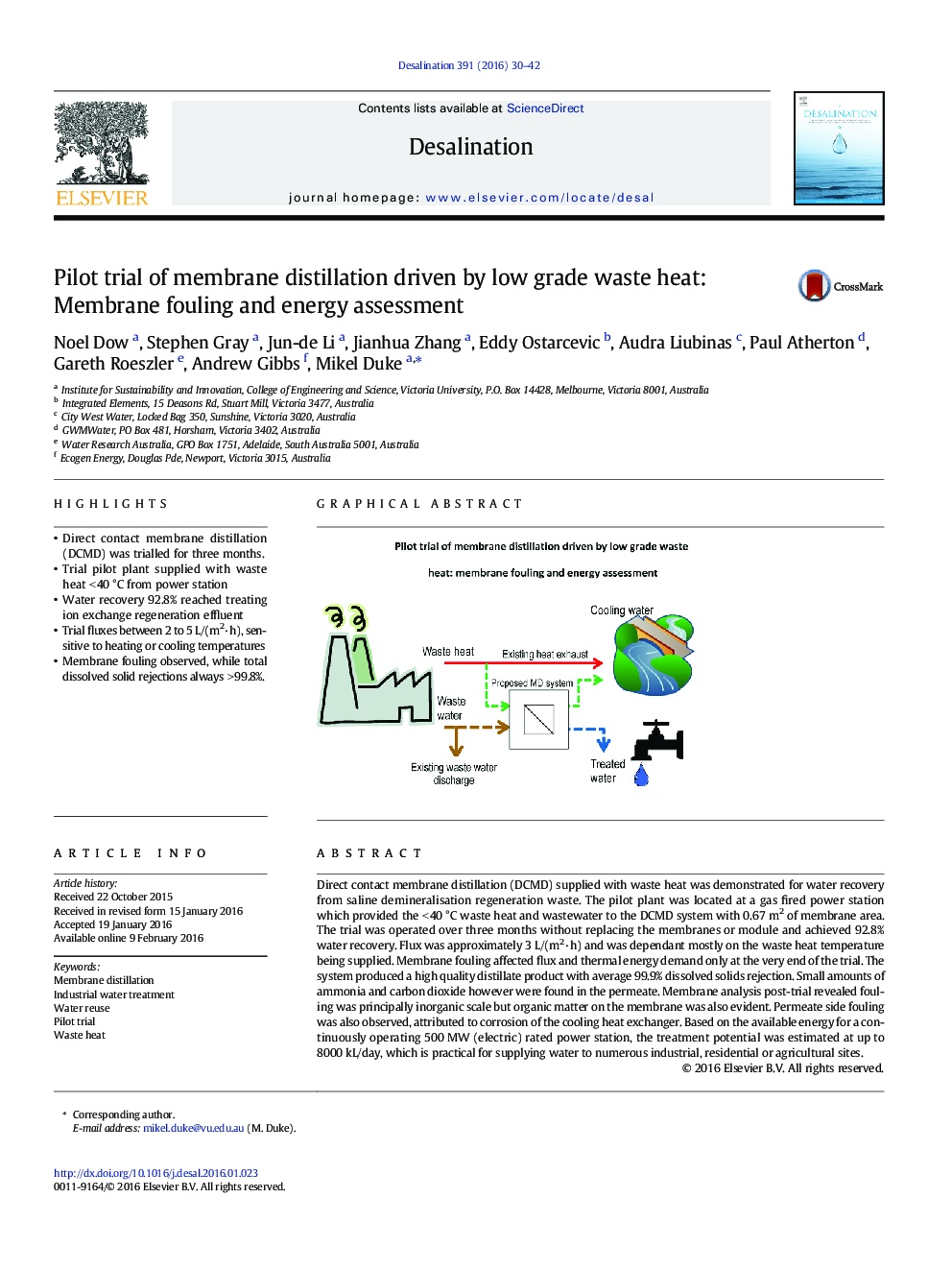 Pilot trial of membrane distillation driven by low grade waste heat: Membrane fouling and energy assessment