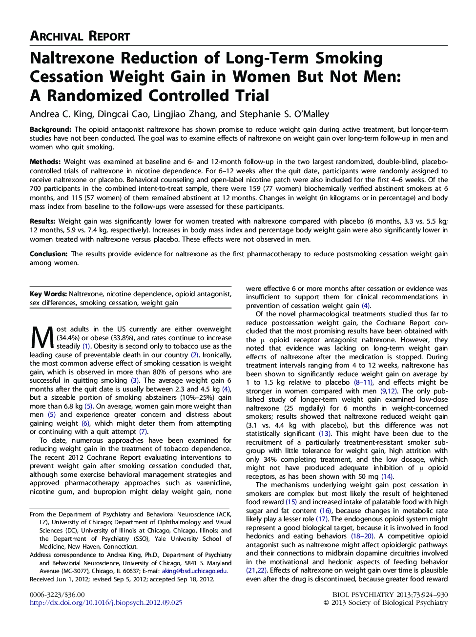 Naltrexone Reduction of Long-Term Smoking Cessation Weight Gain in Women But Not Men: A Randomized Controlled Trial