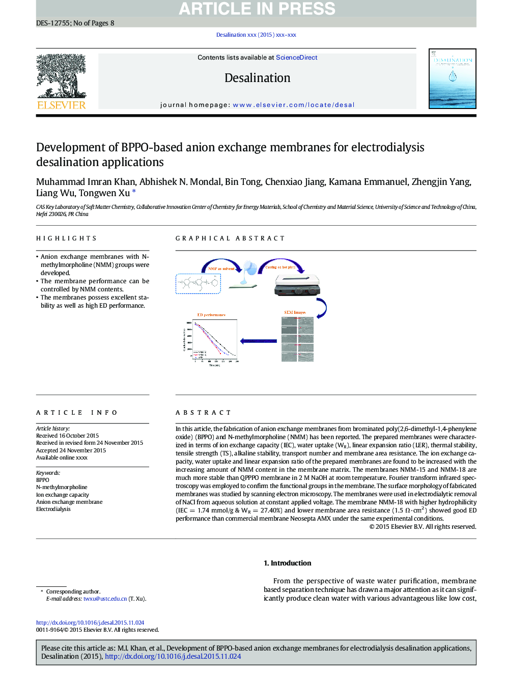 Development of BPPO-based anion exchange membranes for electrodialysis desalination applications