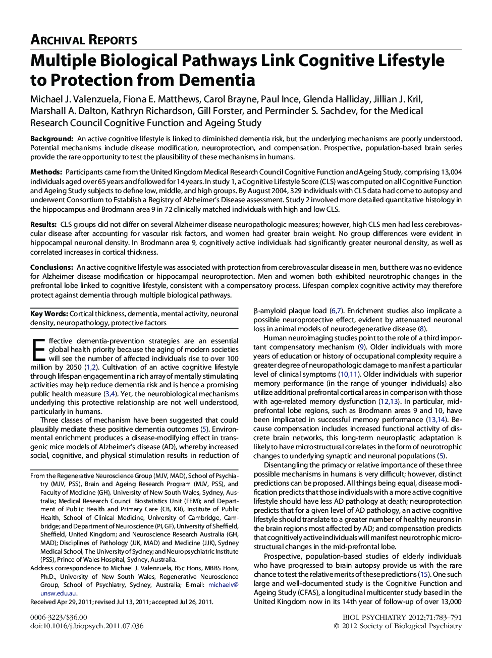 Multiple Biological Pathways Link Cognitive Lifestyle to Protection from Dementia