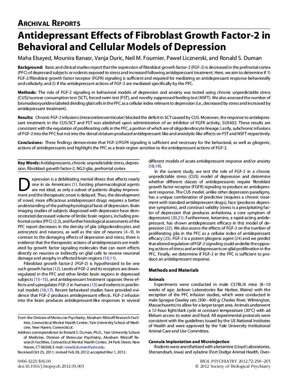 Antidepressant Effects of Fibroblast Growth Factor-2 in Behavioral and Cellular Models of Depression