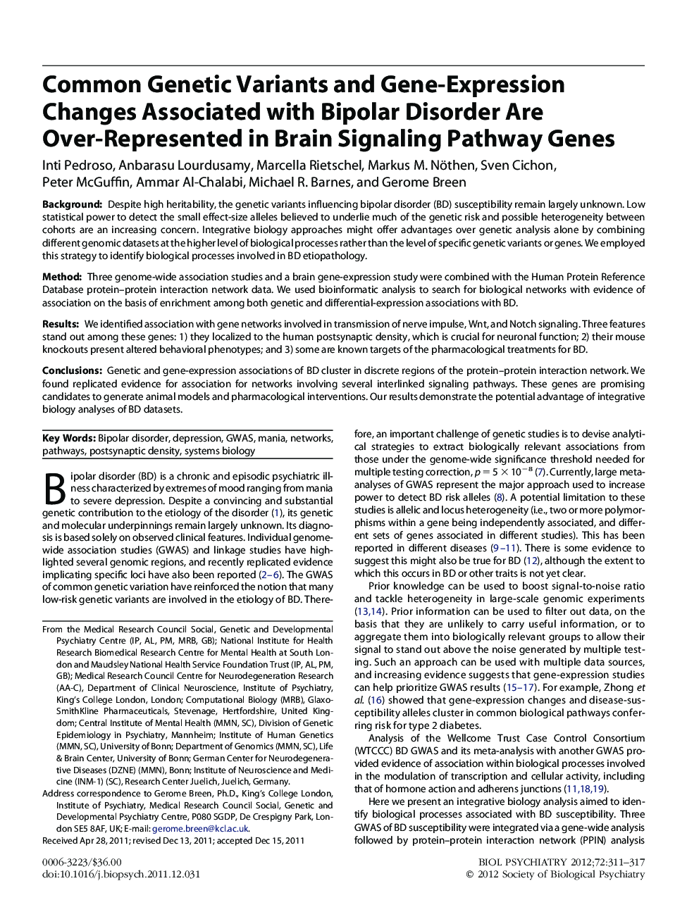 Common Genetic Variants and Gene-Expression Changes Associated with Bipolar Disorder Are Over-Represented in Brain Signaling Pathway Genes