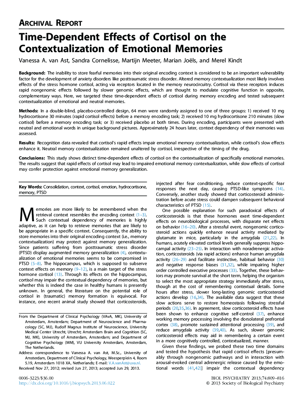 Time-Dependent Effects of Cortisol on the Contextualization of Emotional Memories