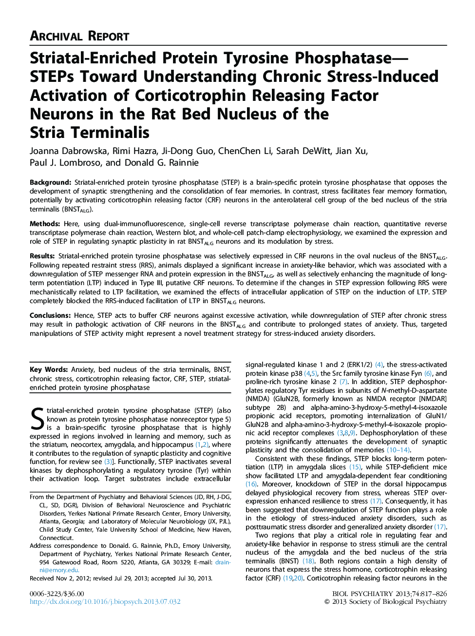 Striatal-Enriched Protein Tyrosine Phosphatase-STEPs Toward Understanding Chronic Stress-Induced Activation of Corticotrophin Releasing Factor Neurons in the Rat Bed Nucleus of the Stria Terminalis