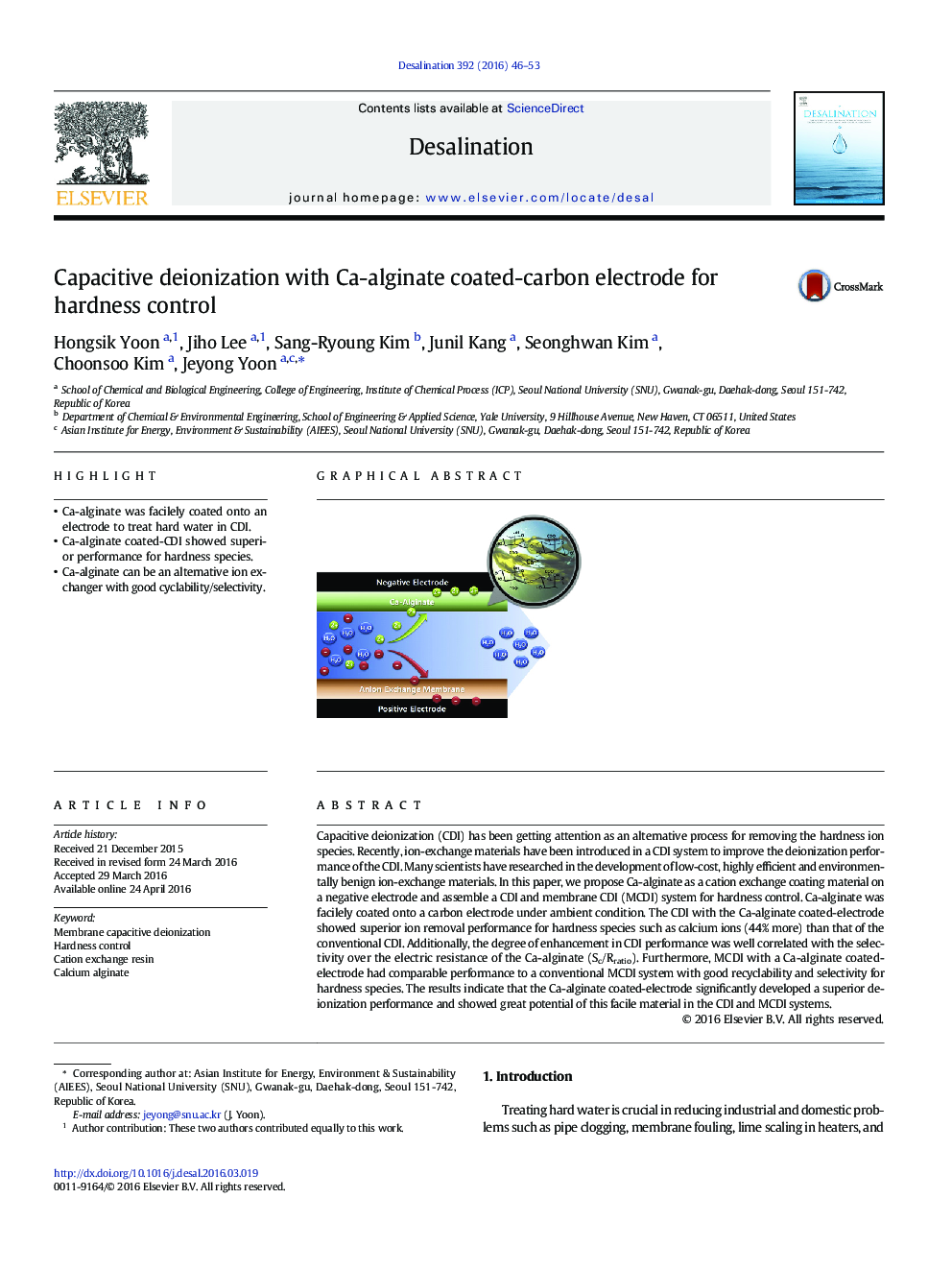 Capacitive deionization with Ca-alginate coated-carbon electrode for hardness control