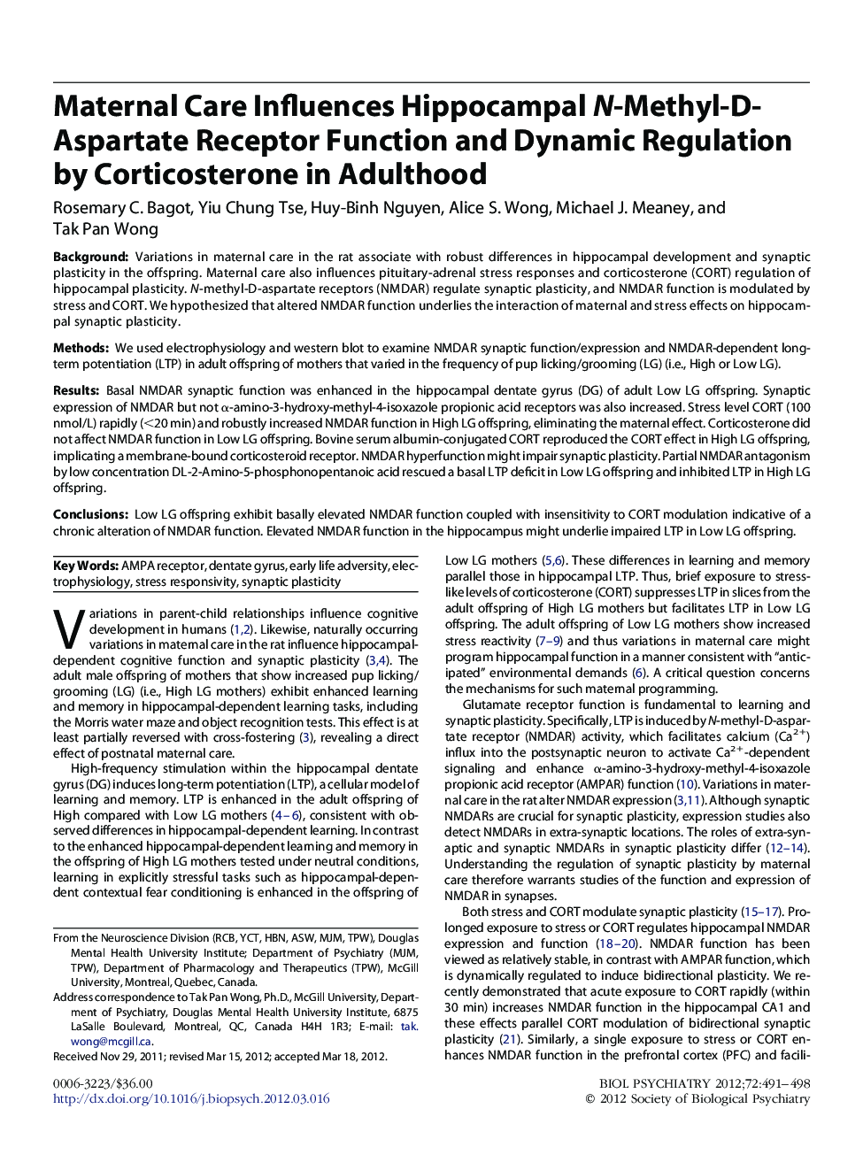 Maternal Care Influences Hippocampal N-Methyl-D-Aspartate Receptor Function and Dynamic Regulation by Corticosterone in Adulthood