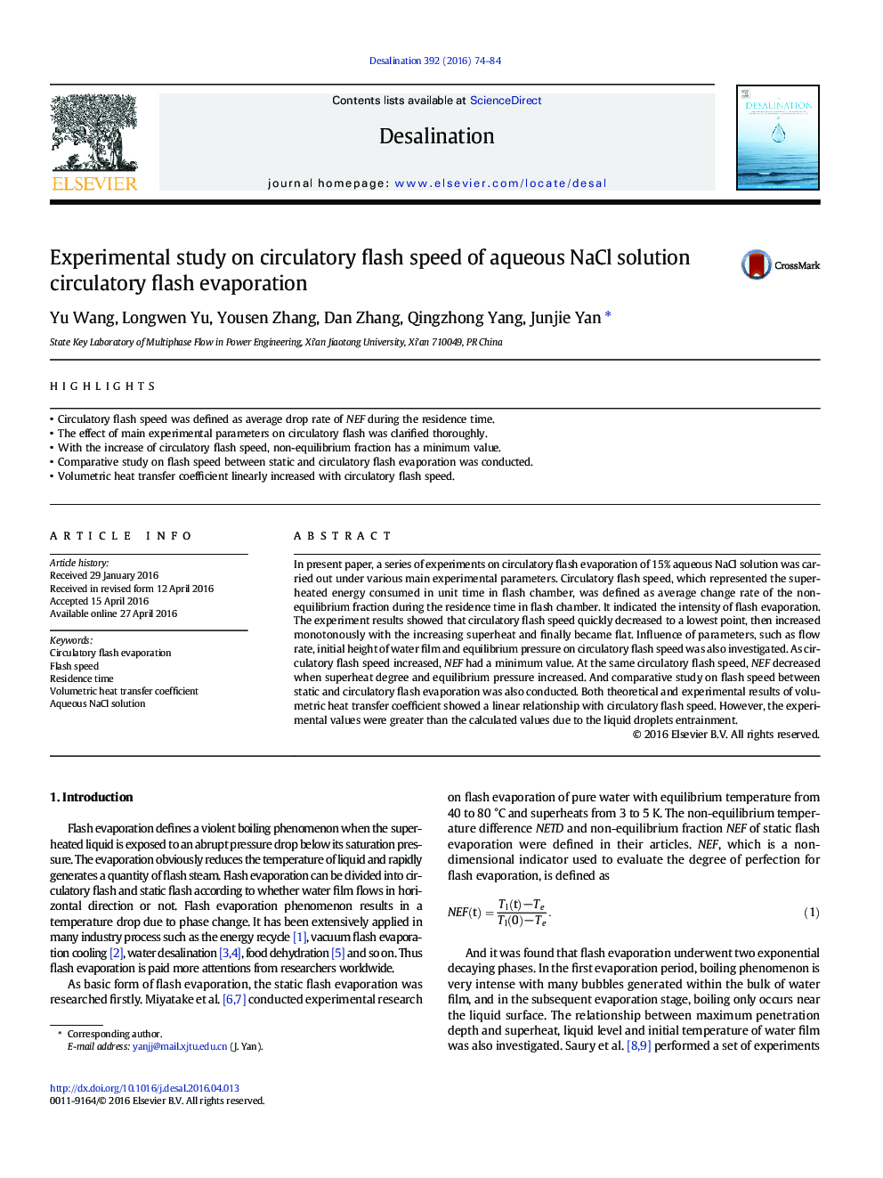 Experimental study on circulatory flash speed of aqueous NaCl solution circulatory flash evaporation