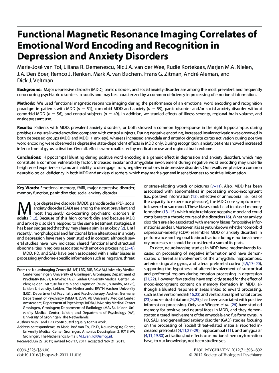 Functional Magnetic Resonance Imaging Correlates of Emotional Word Encoding and Recognition in Depression and Anxiety Disorders