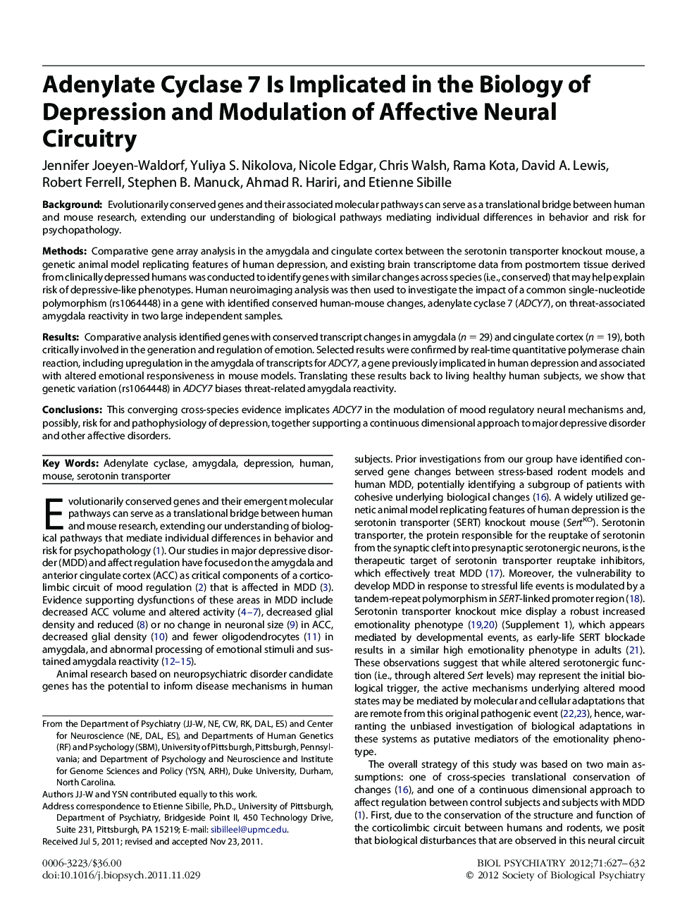 Adenylate Cyclase 7 Is Implicated in the Biology of Depression and Modulation of Affective Neural Circuitry