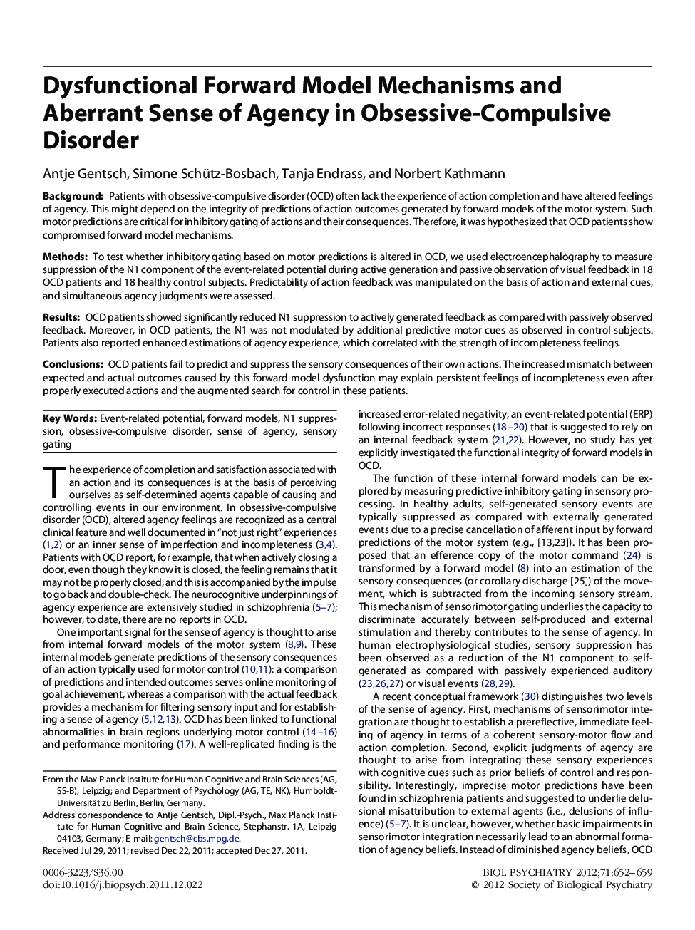 Dysfunctional Forward Model Mechanisms and Aberrant Sense of Agency in Obsessive-Compulsive Disorder