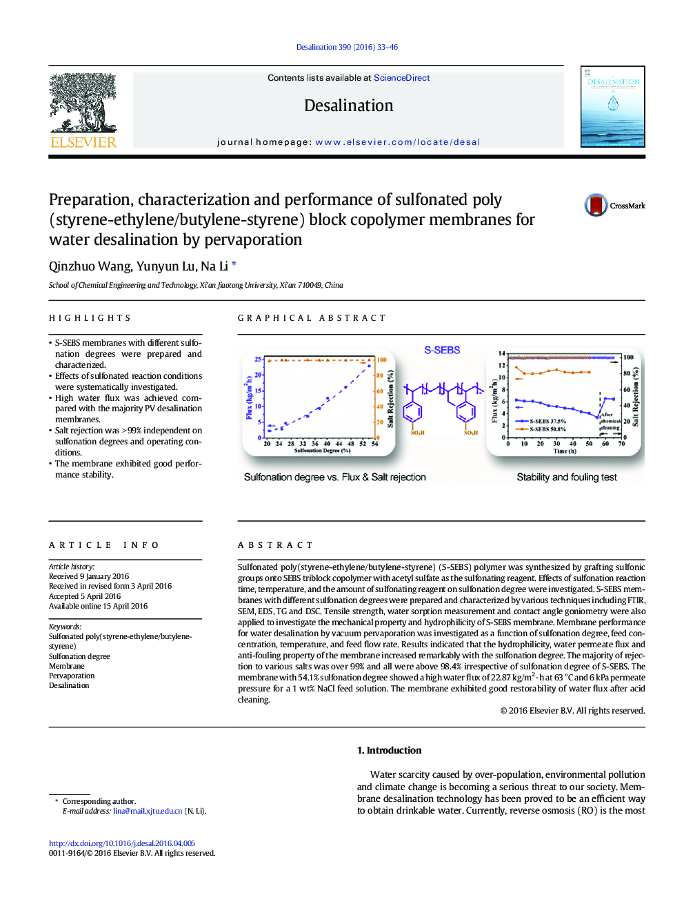 Preparation, characterization and performance of sulfonated poly(styrene-ethylene/butylene-styrene) block copolymer membranes for water desalination by pervaporation