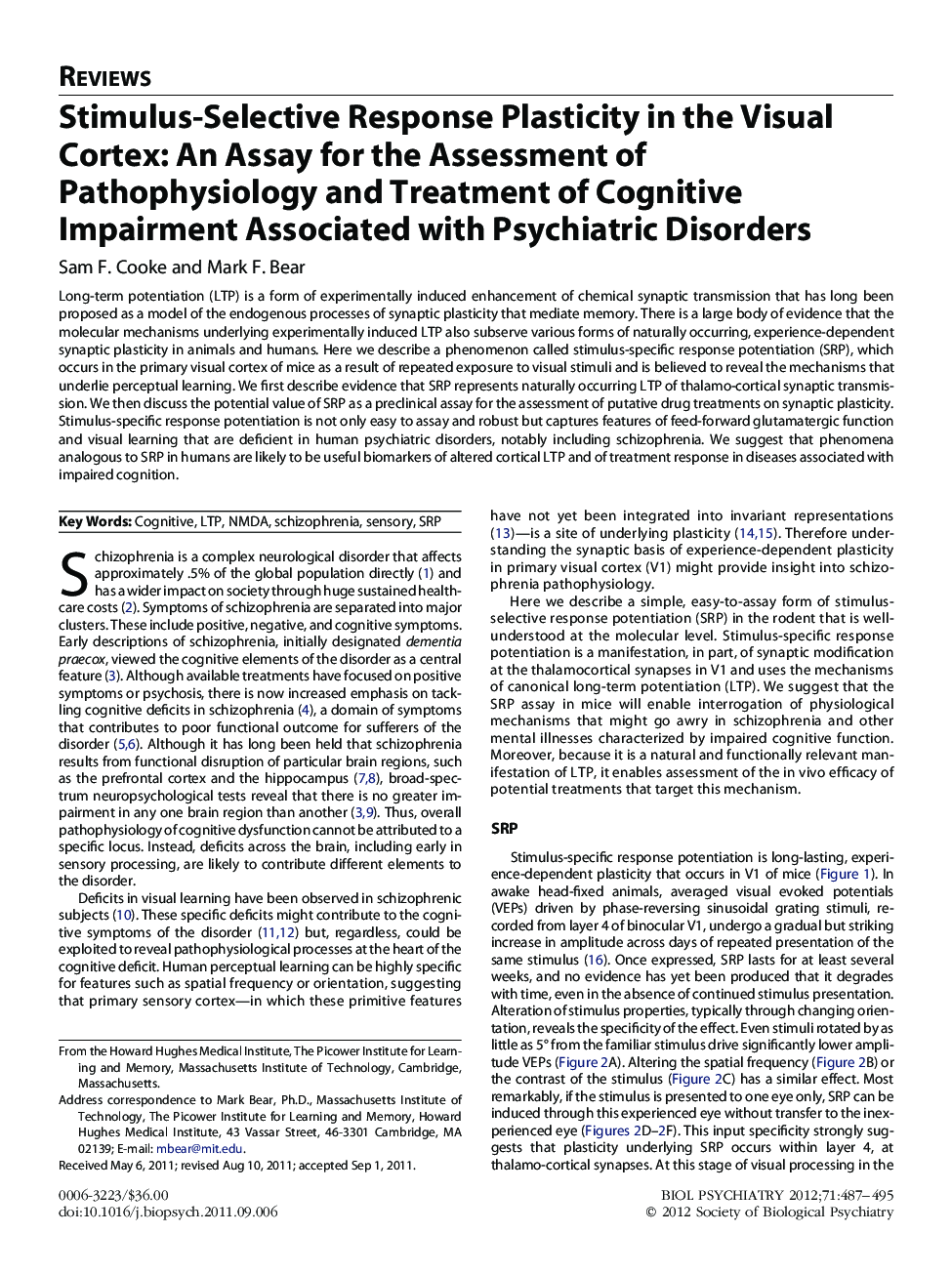 Stimulus-Selective Response Plasticity in the Visual Cortex: An Assay for the Assessment of Pathophysiology and Treatment of Cognitive Impairment Associated with Psychiatric Disorders