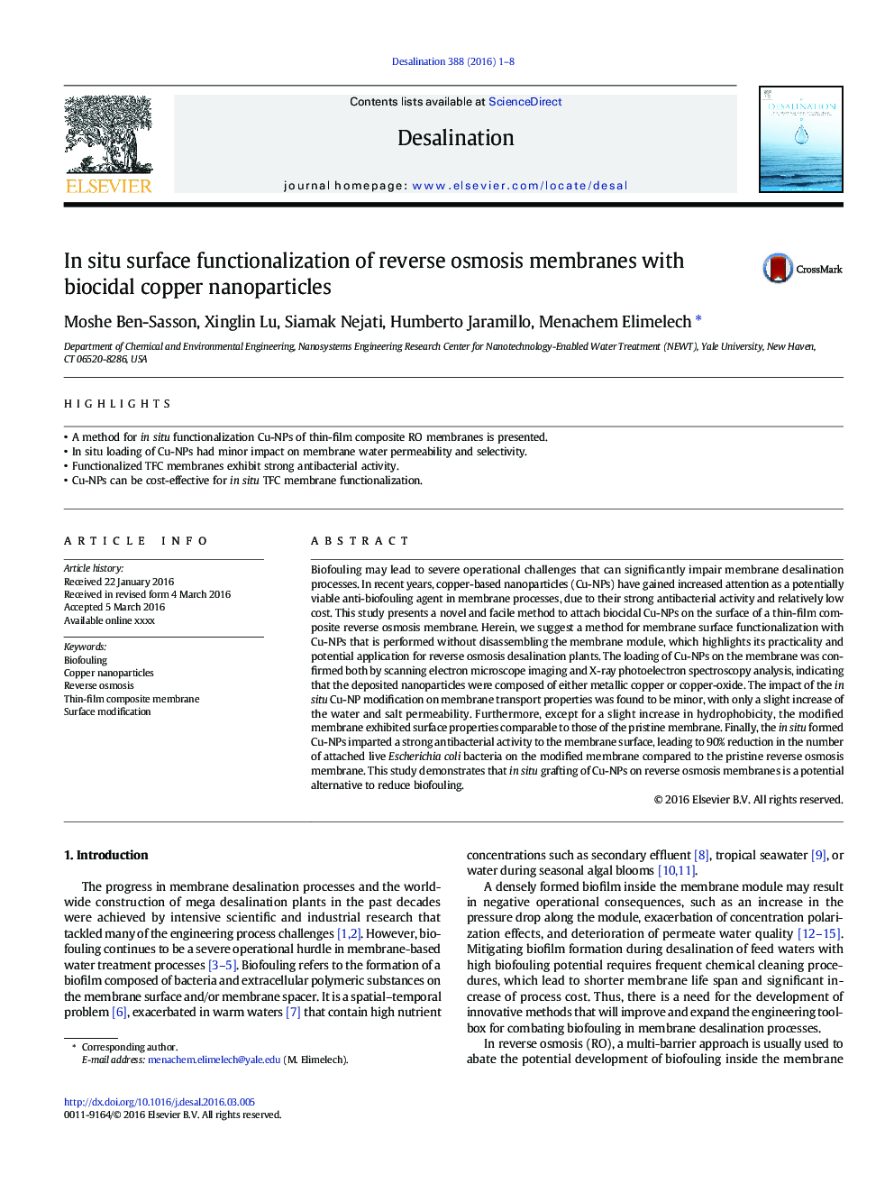 In situ surface functionalization of reverse osmosis membranes with biocidal copper nanoparticles