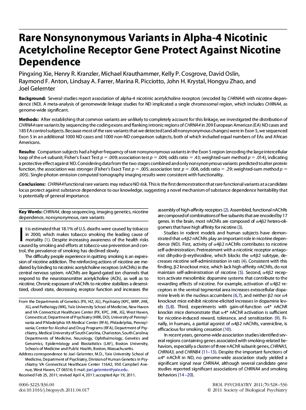 Rare Nonsynonymous Variants in Alpha-4 Nicotinic Acetylcholine Receptor Gene Protect Against Nicotine Dependence