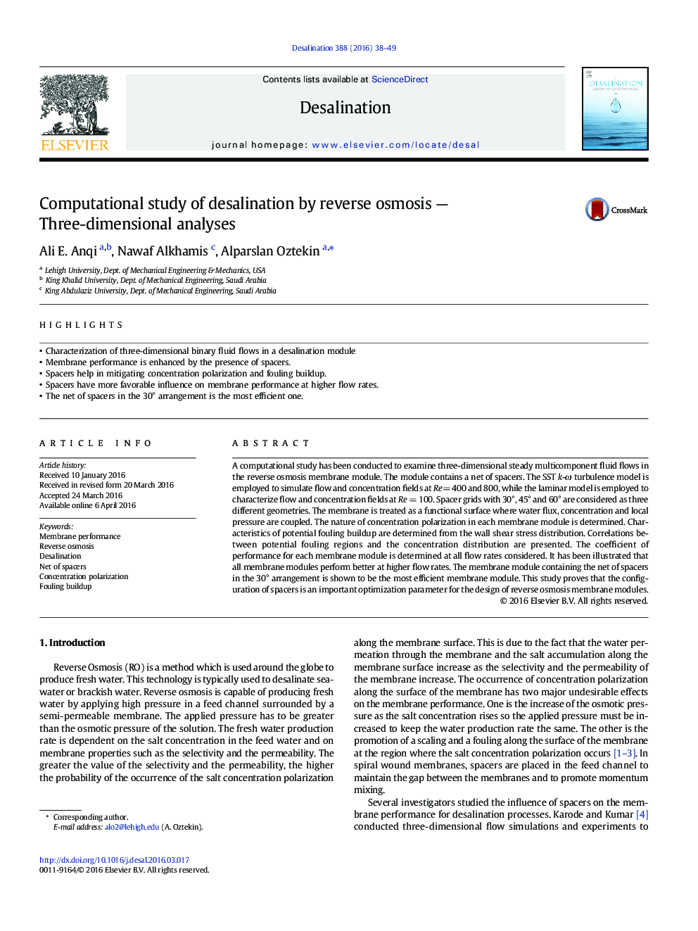 Computational study of desalination by reverse osmosis — Three-dimensional analyses