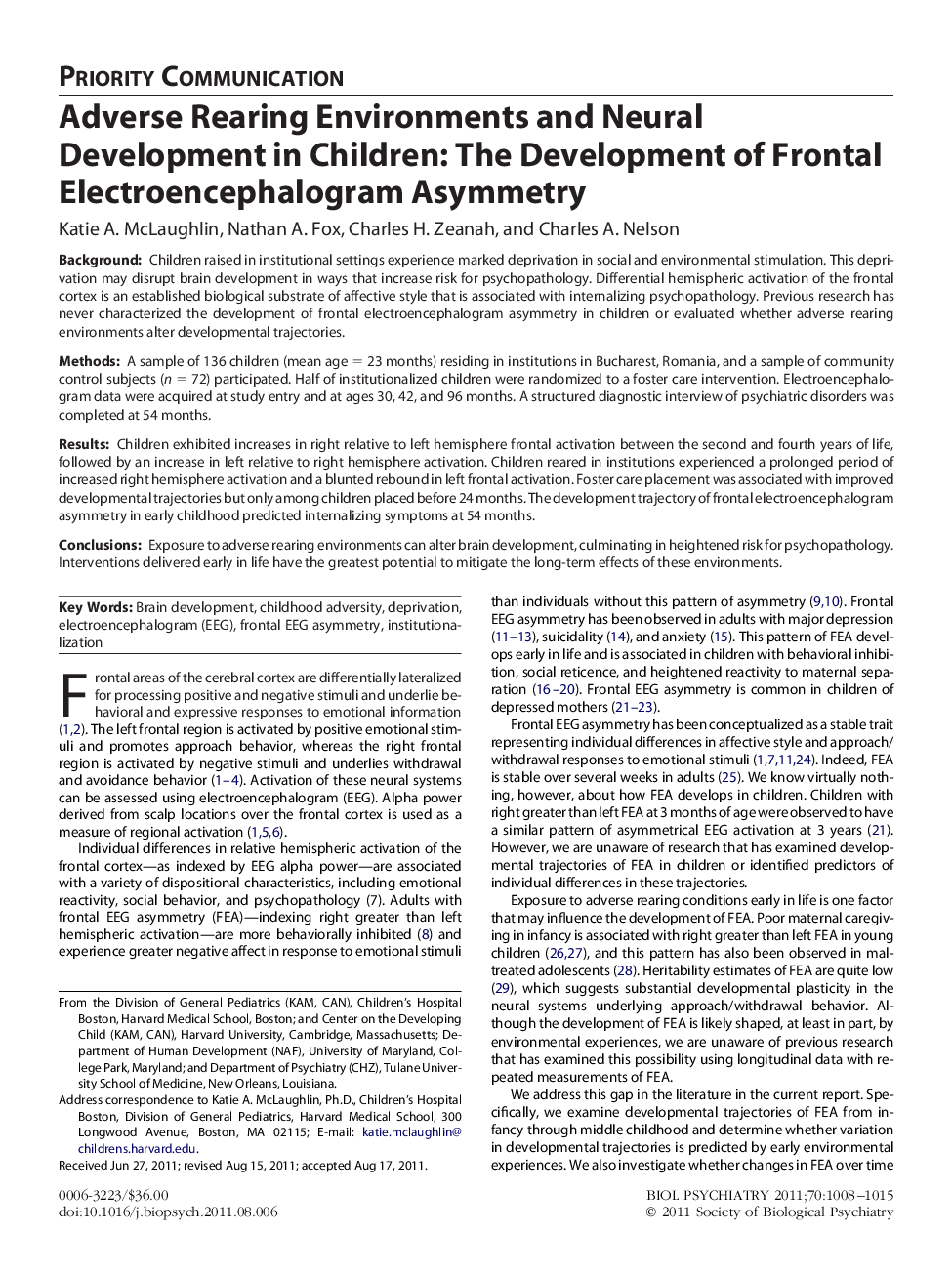 Adverse Rearing Environments and Neural Development in Children: The Development of Frontal Electroencephalogram Asymmetry