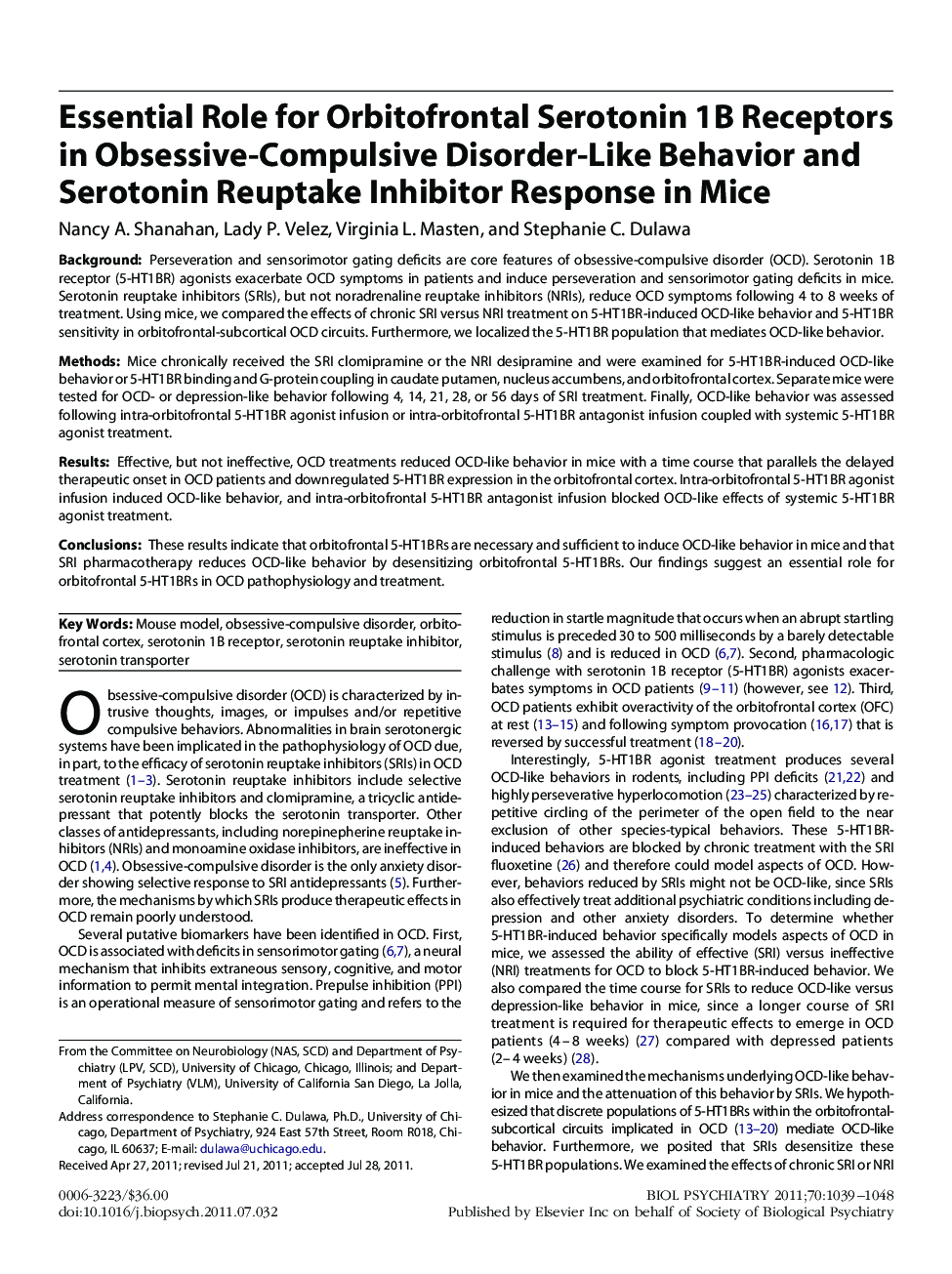 Essential Role for Orbitofrontal Serotonin 1B Receptors in Obsessive-Compulsive Disorder-Like Behavior and Serotonin Reuptake Inhibitor Response in Mice