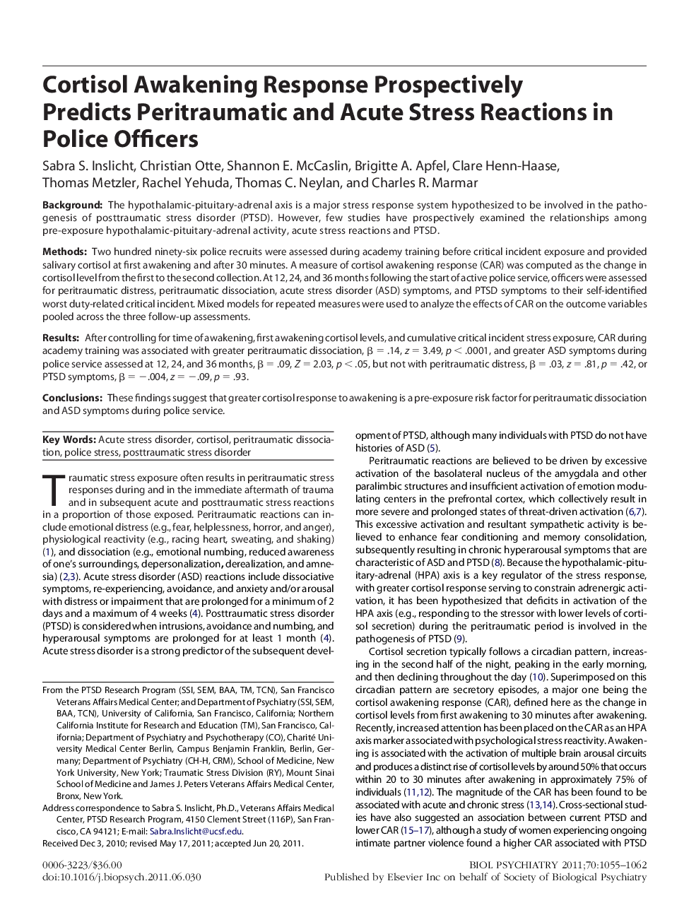 عکس صفحه اول مقاله: Cortisol Awakening Response Prospectively Predicts Peritraumatic and Acute Stress Reactions in Police Officers Cortisol Awakening Response Prospectively Predicts Peritraumatic and Acute Stress Reactions in Police Officers