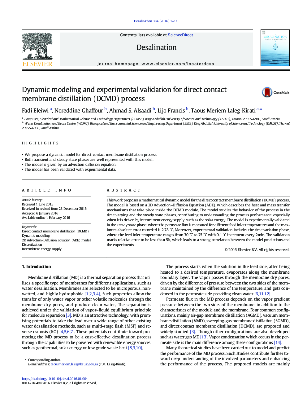 Dynamic modeling and experimental validation for direct contact membrane distillation (DCMD) process