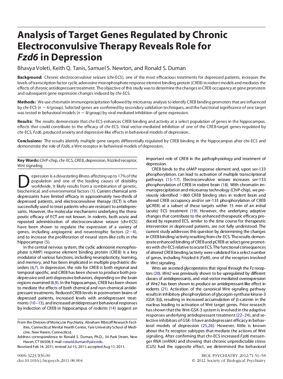 Analysis of Target Genes Regulated by Chronic Electroconvulsive Therapy Reveals Role for Fzd6 in Depression