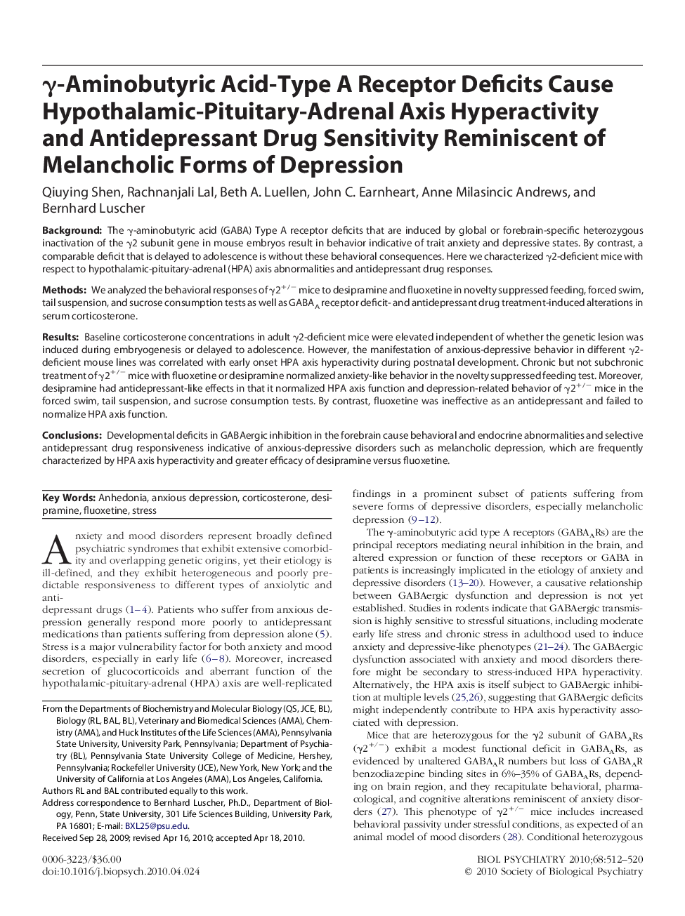 Î³-Aminobutyric Acid-Type A Receptor Deficits Cause Hypothalamic-Pituitary-Adrenal Axis Hyperactivity and Antidepressant Drug Sensitivity Reminiscent of Melancholic Forms of Depression
