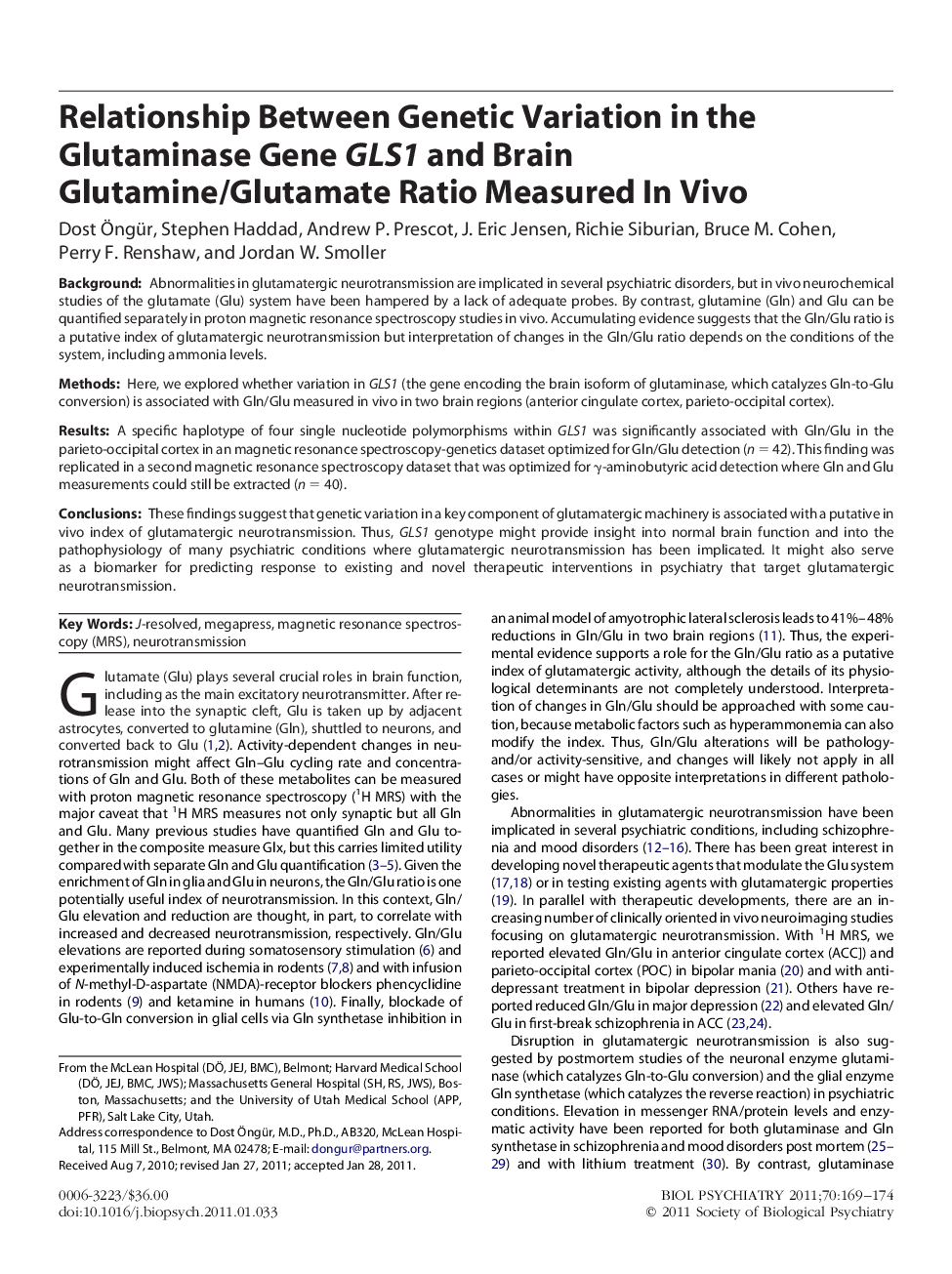 Relationship Between Genetic Variation in the Glutaminase Gene GLS1 and Brain Glutamine/Glutamate Ratio Measured In Vivo