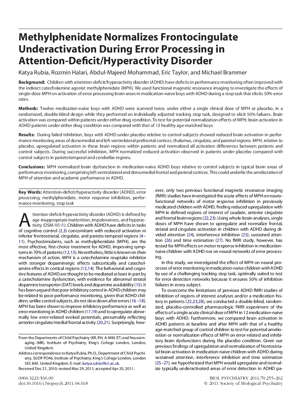 Methylphenidate Normalizes Frontocingulate Underactivation During Error Processing in Attention-Deficit/Hyperactivity Disorder