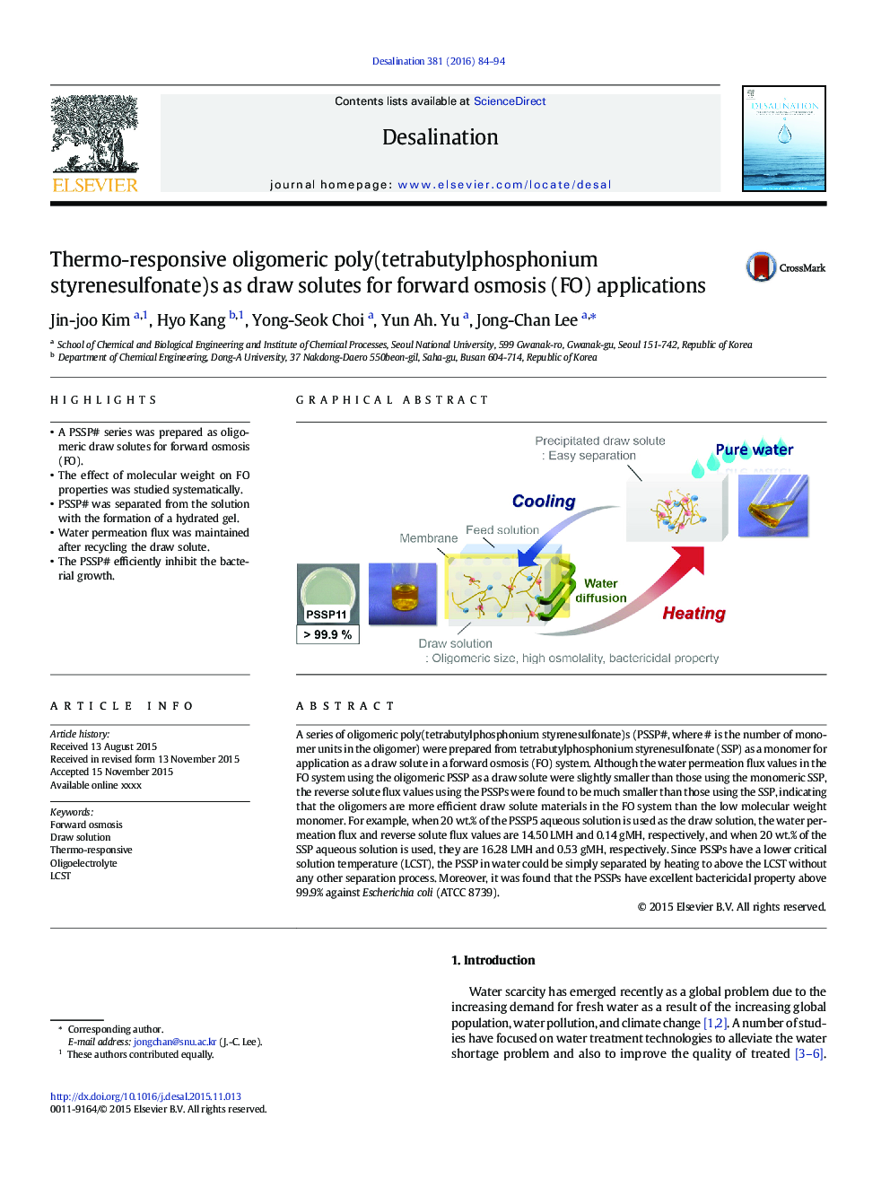 Thermo-responsive oligomeric poly(tetrabutylphosphonium styrenesulfonate)s as draw solutes for forward osmosis (FO) applications