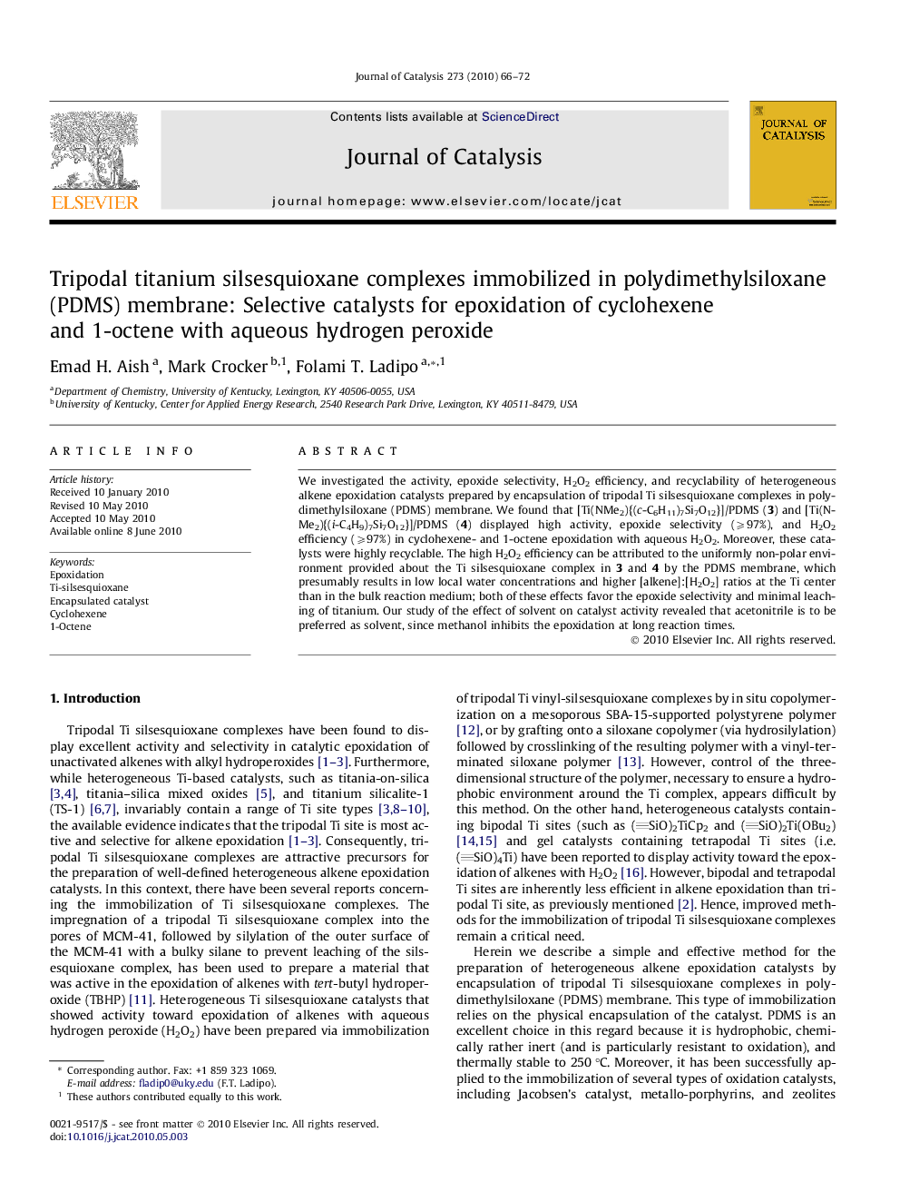 Tripodal titanium silsesquioxane complexes immobilized in polydimethylsiloxane (PDMS) membrane: Selective catalysts for epoxidation of cyclohexene and 1-octene with aqueous hydrogen peroxide