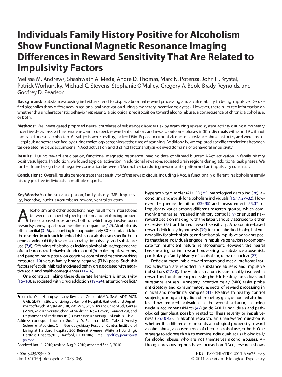 Individuals Family History Positive for Alcoholism Show Functional Magnetic Resonance Imaging Differences in Reward Sensitivity That Are Related to Impulsivity Factors