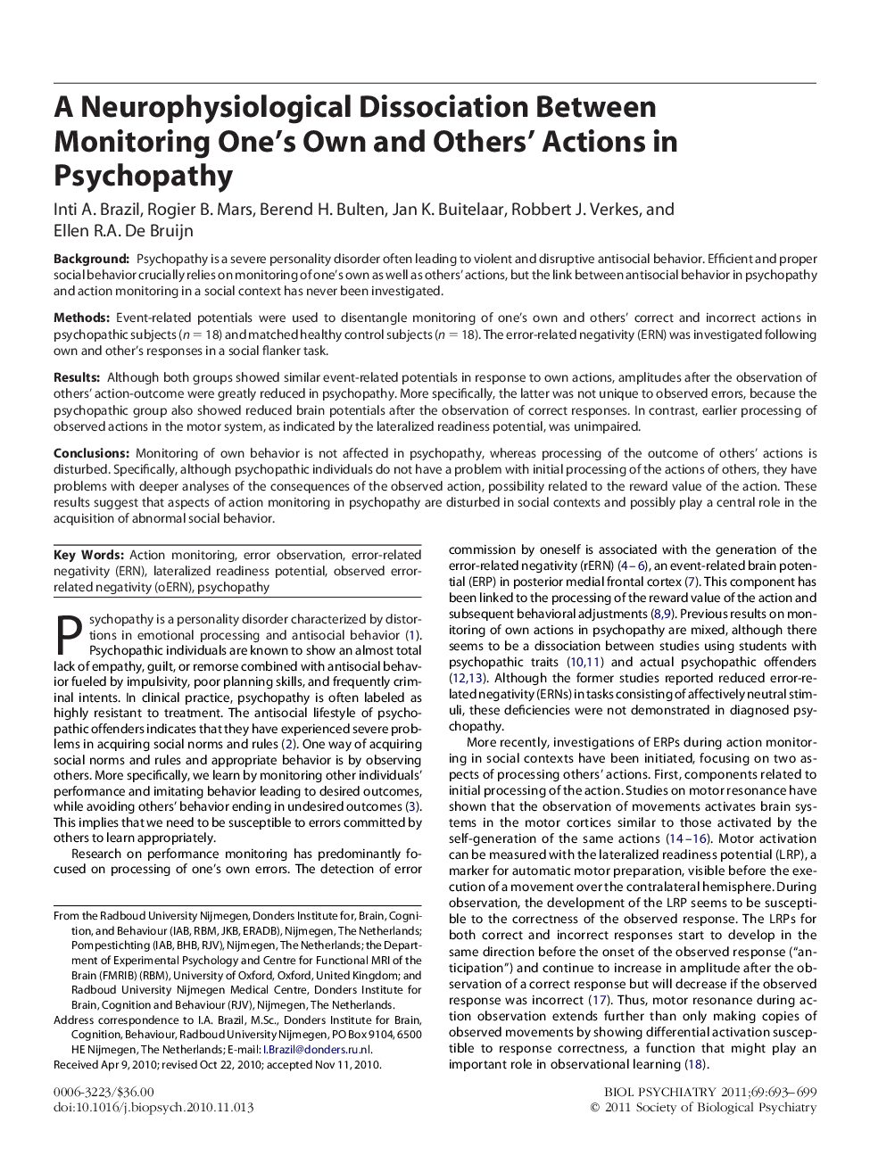 A Neurophysiological Dissociation Between Monitoring One's Own and Others' Actions in Psychopathy