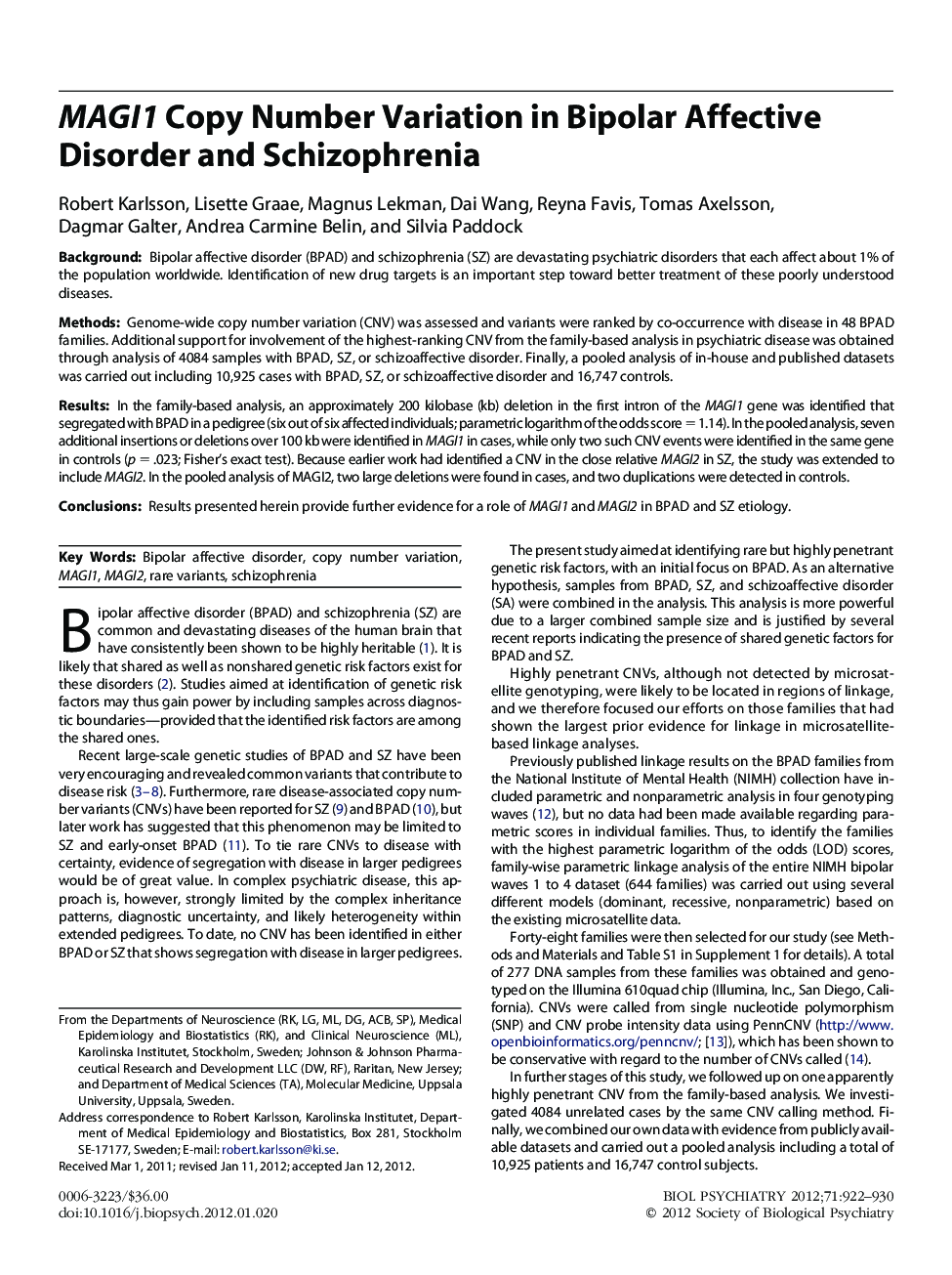 MAGI1 Copy Number Variation in Bipolar Affective Disorder and Schizophrenia