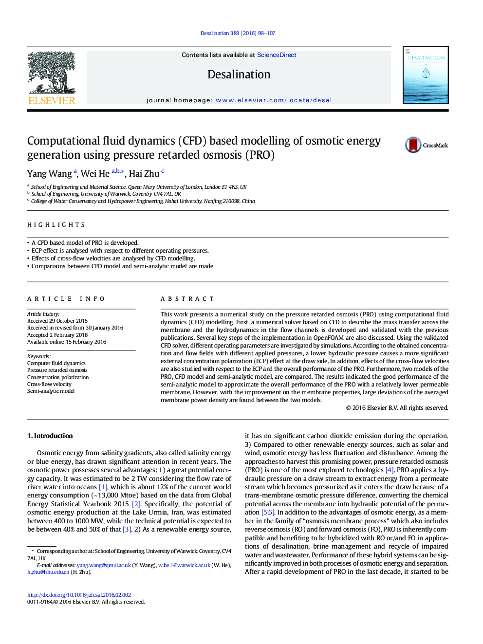 Computational fluid dynamics (CFD) based modelling of osmotic energy generation using pressure retarded osmosis (PRO)