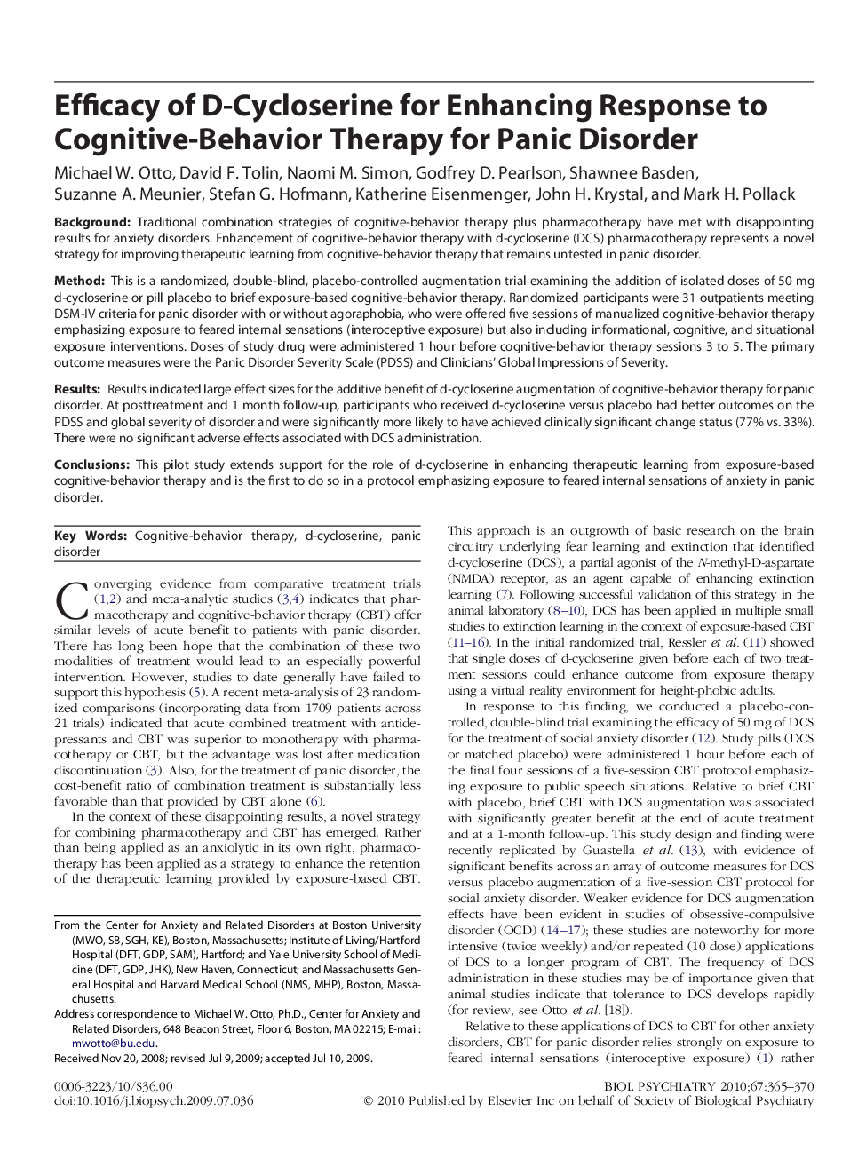 Efficacy of D-Cycloserine for Enhancing Response to Cognitive-Behavior Therapy for Panic Disorder