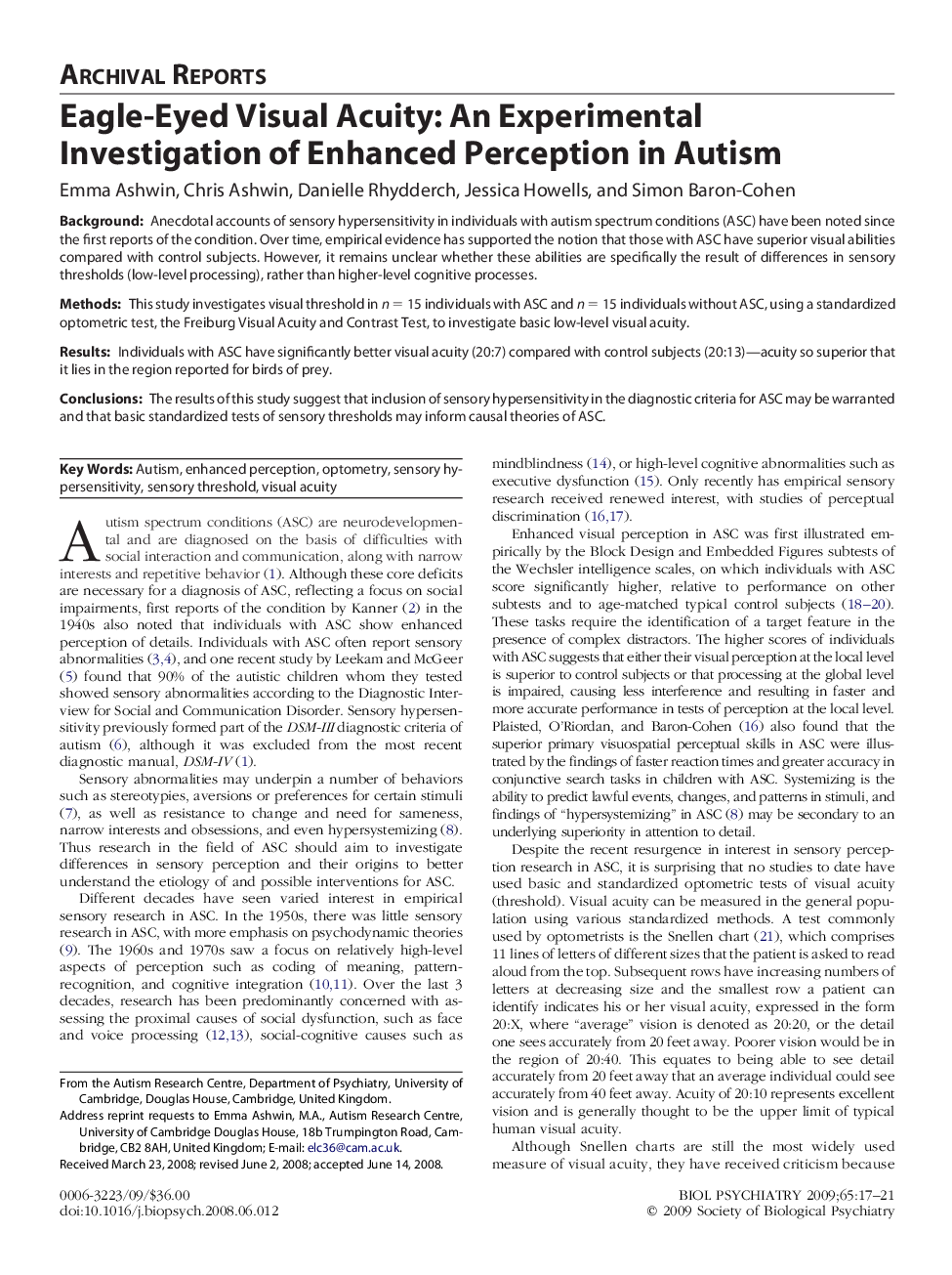 Archival ReportEagle-Eyed Visual Acuity: An Experimental Investigation of Enhanced Perception in Autism